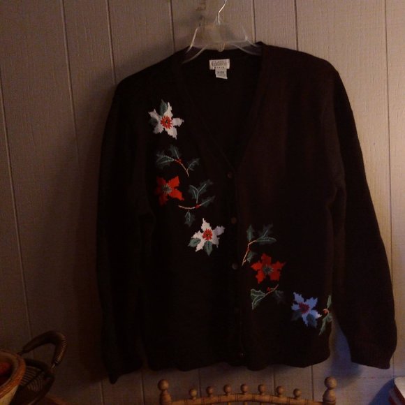 Classic Elements Christmas Holiday Cardigan Sweater 16-18 Woman Poinsettias - Picture 2 of 9